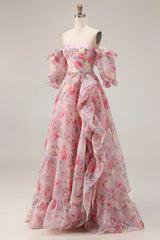 Off the Shoulder Pink Floral A Line Ruffled Prom Dress