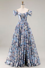 Off the Shoulder Blue Floral A Line Corset Prom Dress