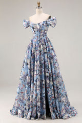 Off the Shoulder Blue Floral A Line Corset Prom Dress