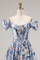 Off the Shoulder Blue Floral A Line Corset Prom Dress