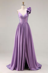 Purple 3D Flowers A Line Pleated Prom Dress