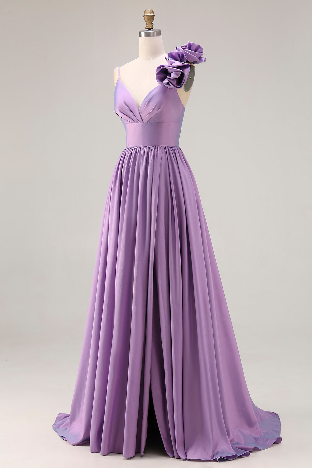 Purple 3D Flowers A Line Pleated Prom Dress