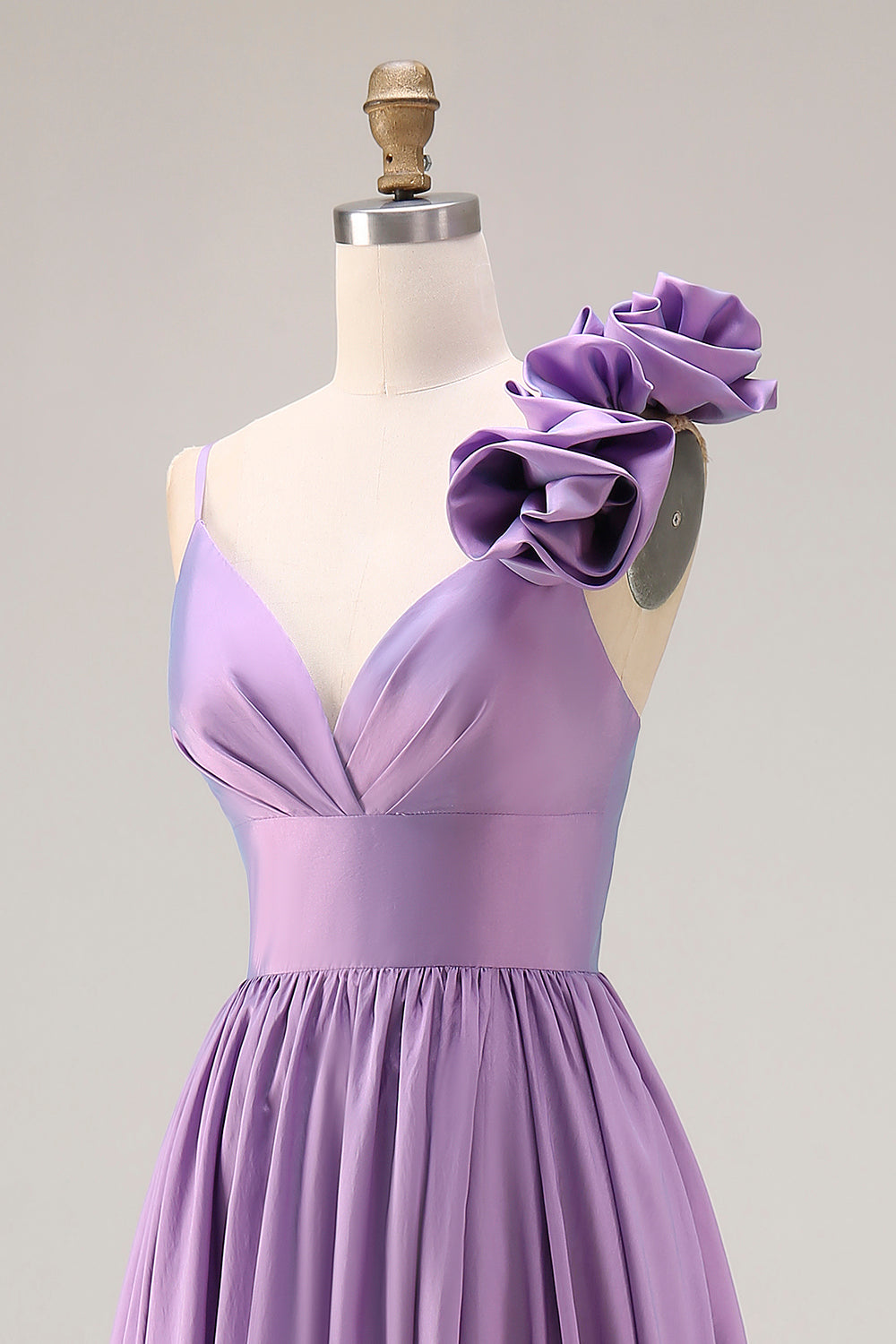 Purple 3D Flowers A Line Pleated Prom Dress