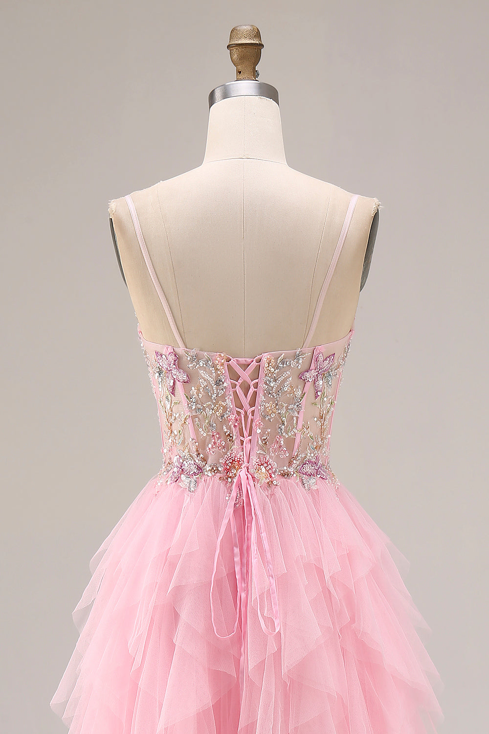 Sparkly Pink Corset Ruffled Beaded Prom Dress