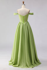Green Off the Shoulder Corset A Line Prom Dress