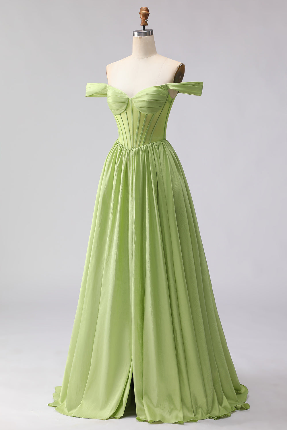 Green Off the Shoulder Corset A Line Prom Dress