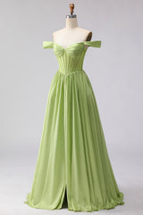 Green Off the Shoulder Corset A Line Prom Dress