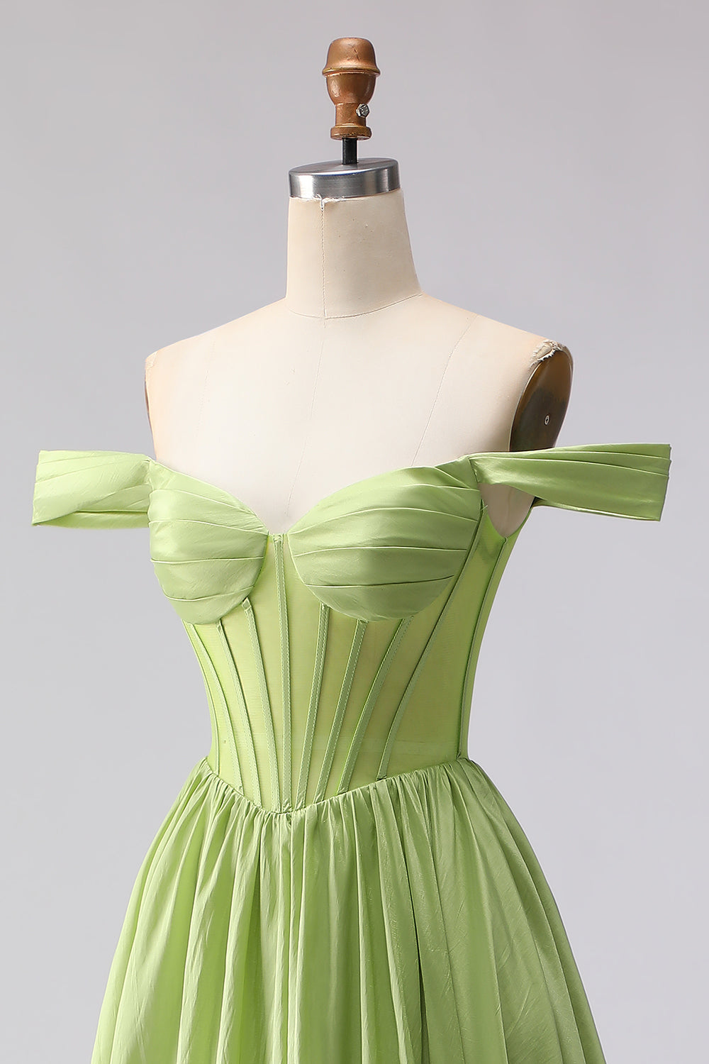 Green Off the Shoulder Corset A Line Prom Dress