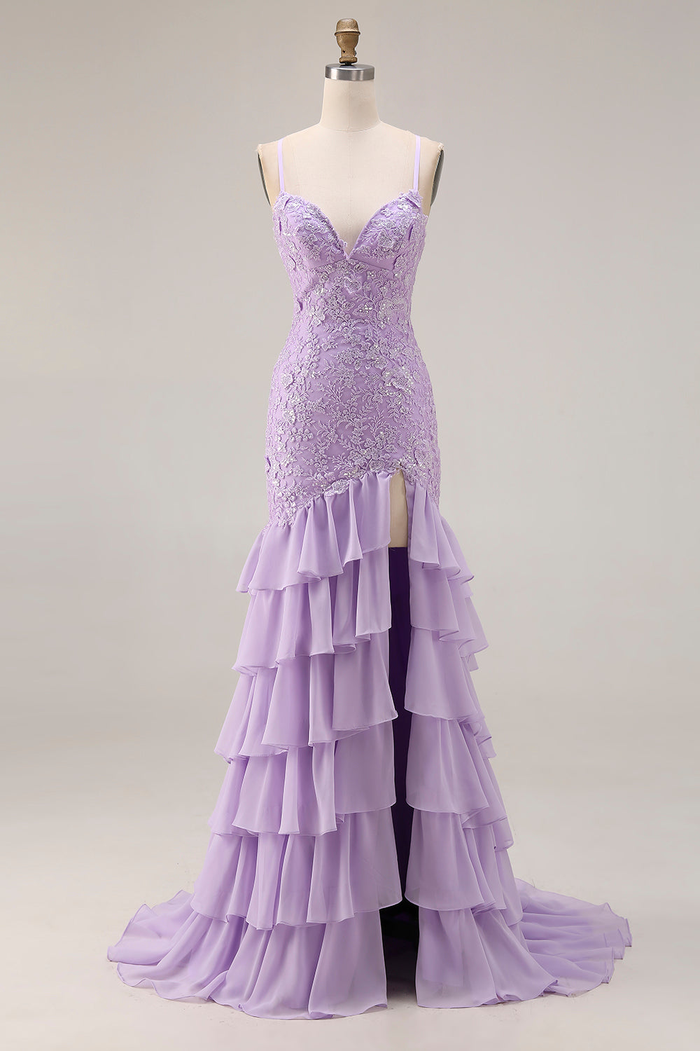 Purple Tiered Maxi Prom Dress with Appliques