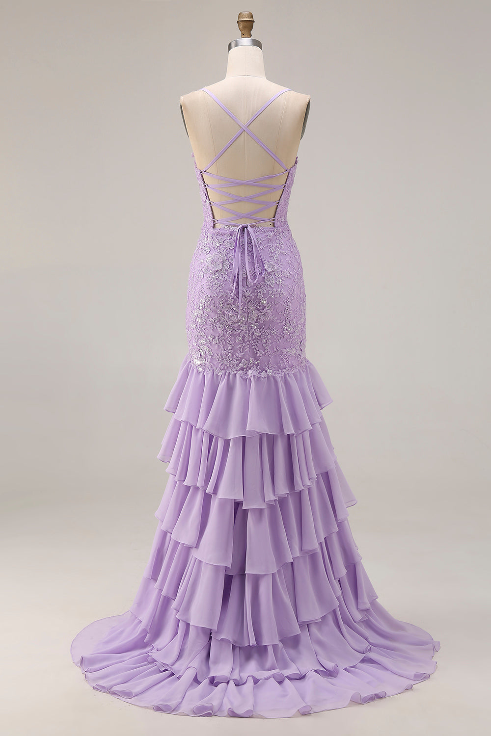 Purple Tiered Maxi Prom Dress with Appliques