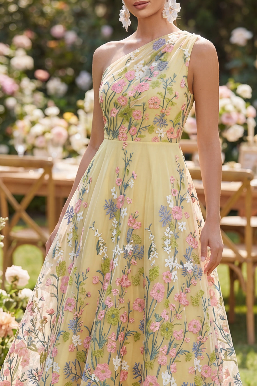 Floral Yellow One Shoulder A Line Midi Wedding Guest Dress