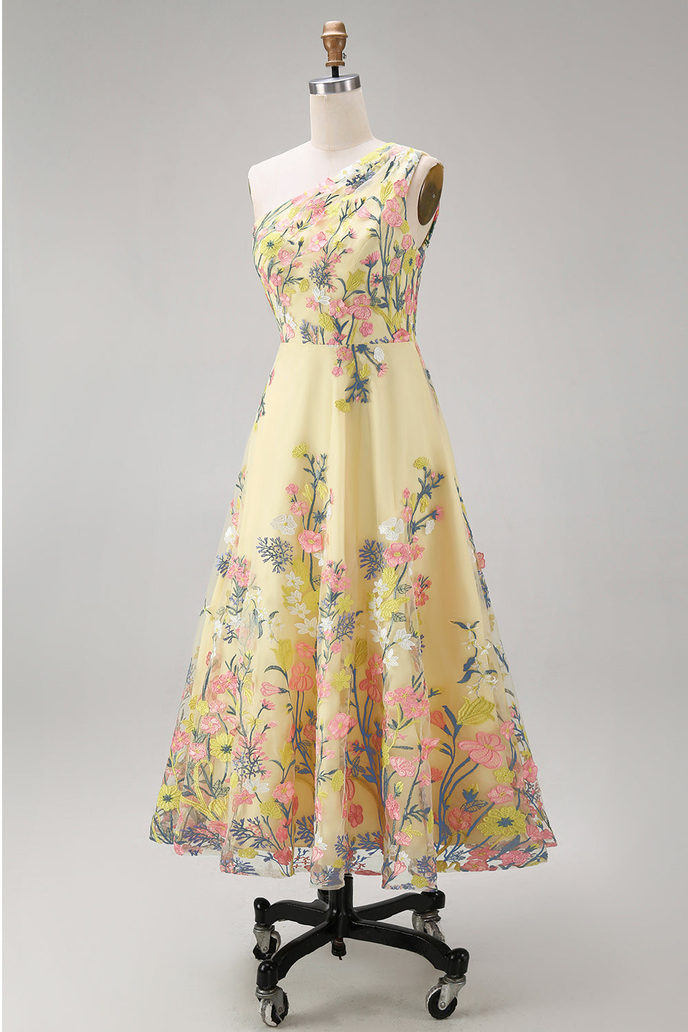 Floral Yellow One Shoulder A Line Midi Wedding Guest Dress