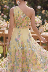 Floral Yellow One Shoulder A Line Midi Wedding Guest Dress