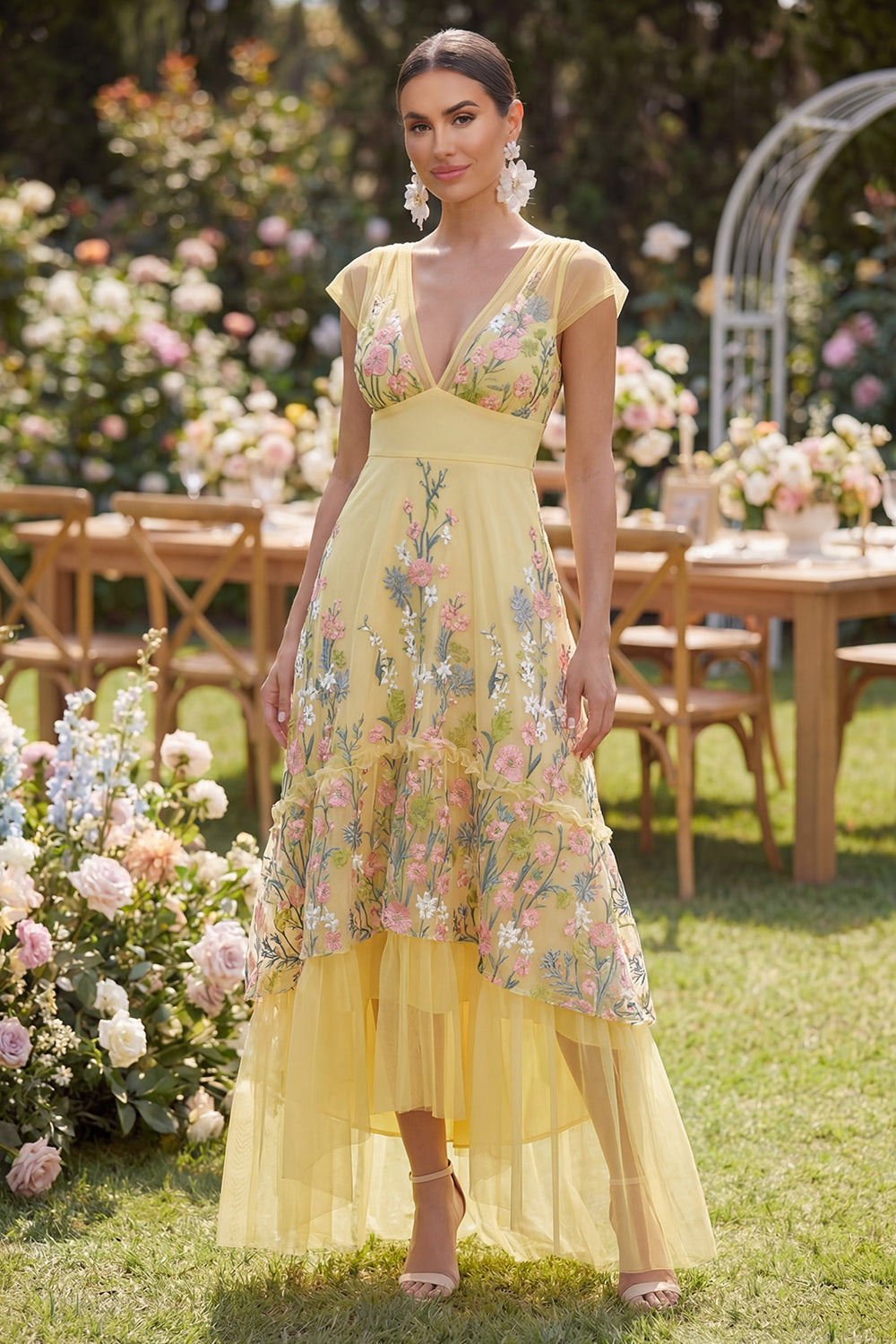 Floral Yellow A Line V Neck Wedding Guest Dress with Cap Sleeves