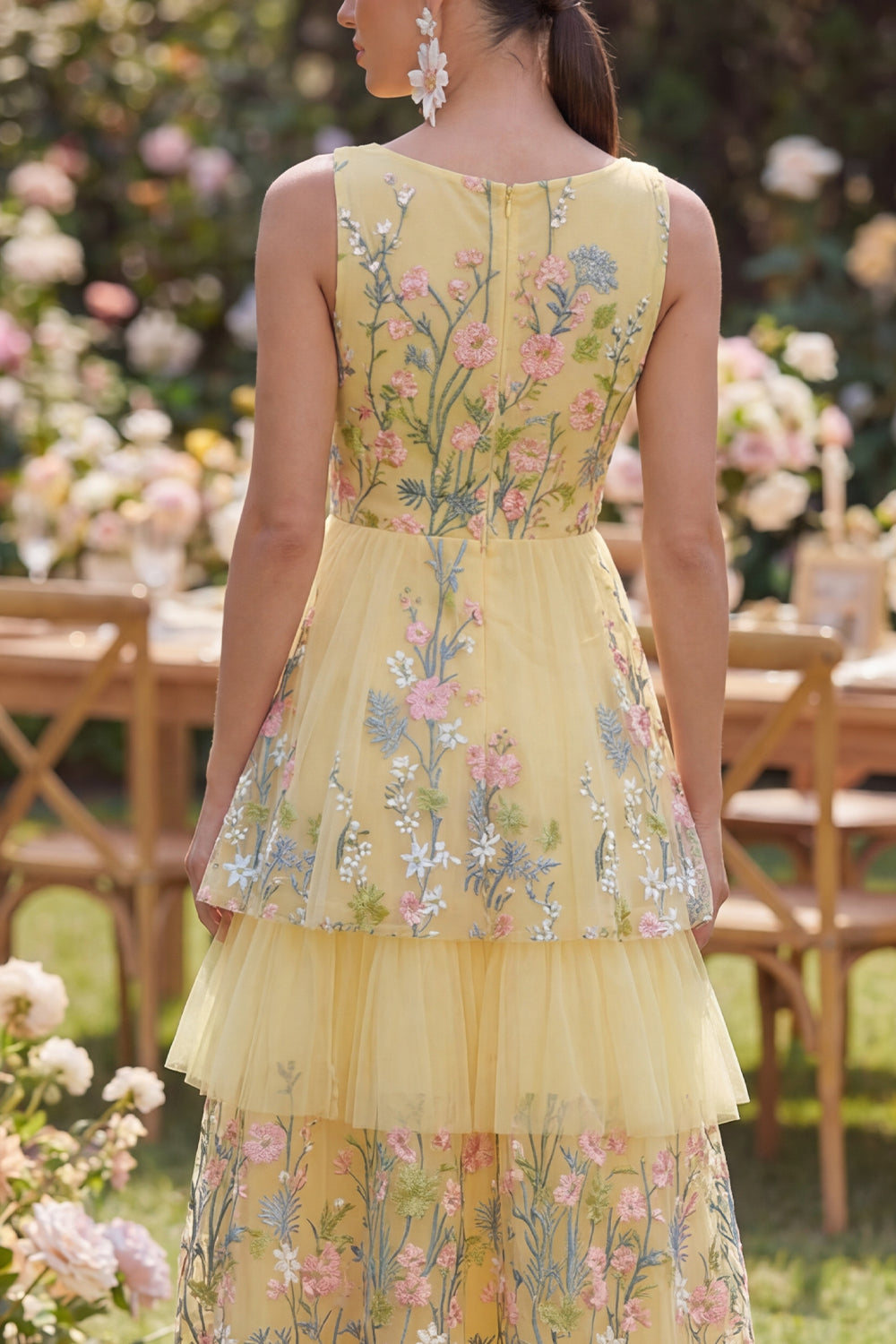 Floral Yellow Tulle Tiered V Neck Embroidered Wedding Guest Dress