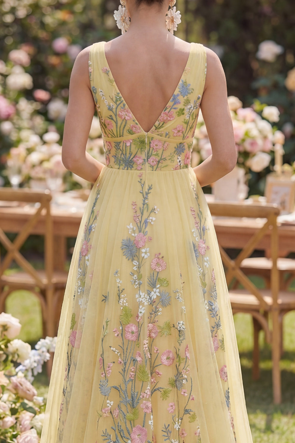 Yellow Floral Tulle A Line V Neck Embroidered Wedding Guest Dress
