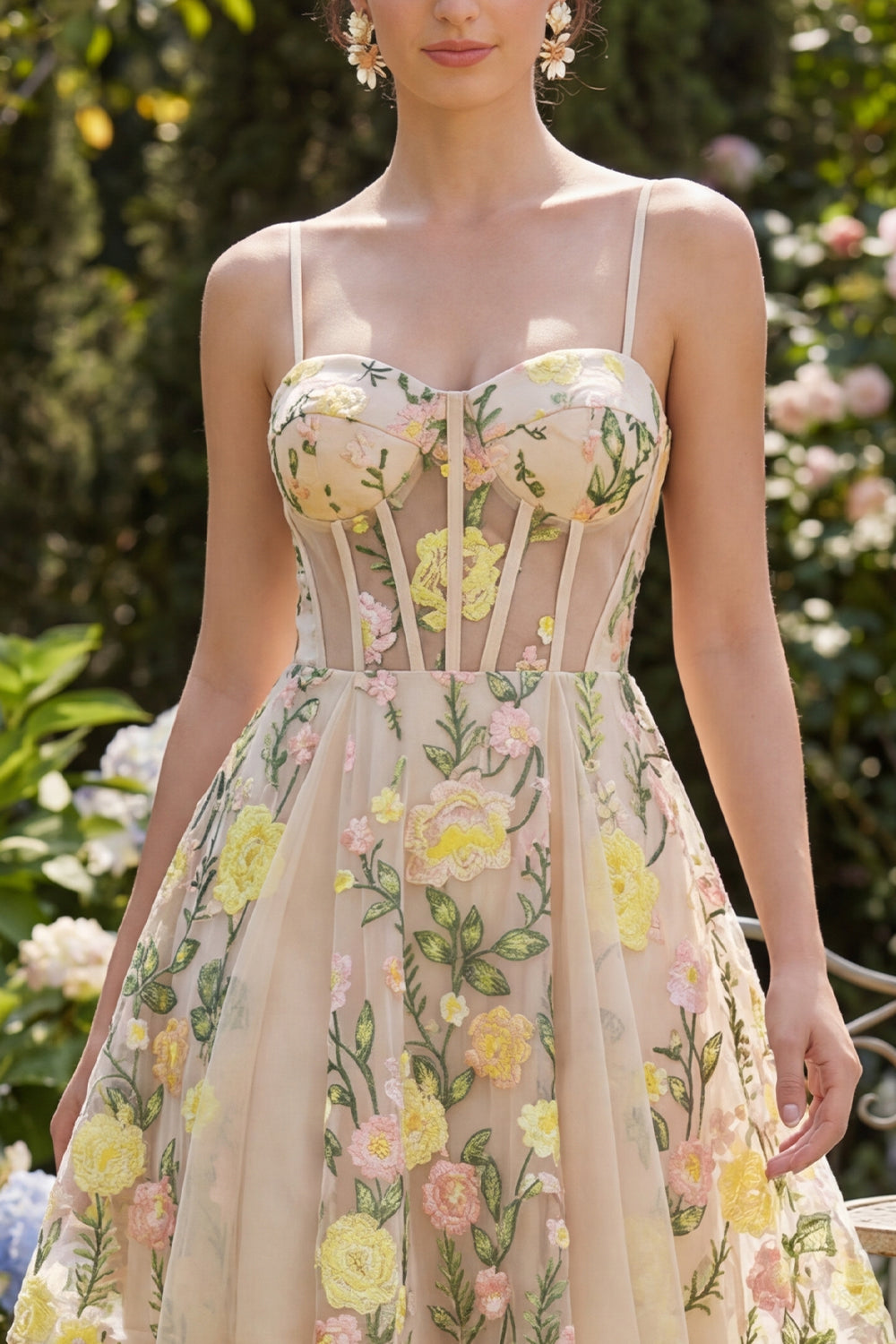 Floral A Line Champagne Corset Mini Wedding Guest Dress