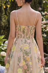 Floral A Line Champagne Corset Mini Wedding Guest Dress