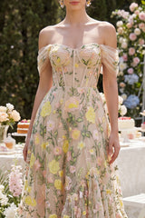 Off the Shoulder Corset A Line Floral Champagne Wedding Guest Dress