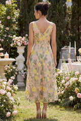 Floral A Line Champagne Midi Wedding Guest Dress