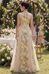 Bateau Neck Floral A Line Champagne Wedding Guest Dress