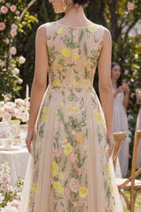 Bateau Neck Floral A Line Champagne Wedding Guest Dress