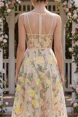 Champagne Floral A Line Corset Midi Wedding Guest Dress