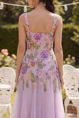 Lilac Embroidered Floral A Line Tulle Wedding Guest Dress