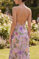 Halter Embroidered Floral Lilac Wedding Guest Dress with Slit