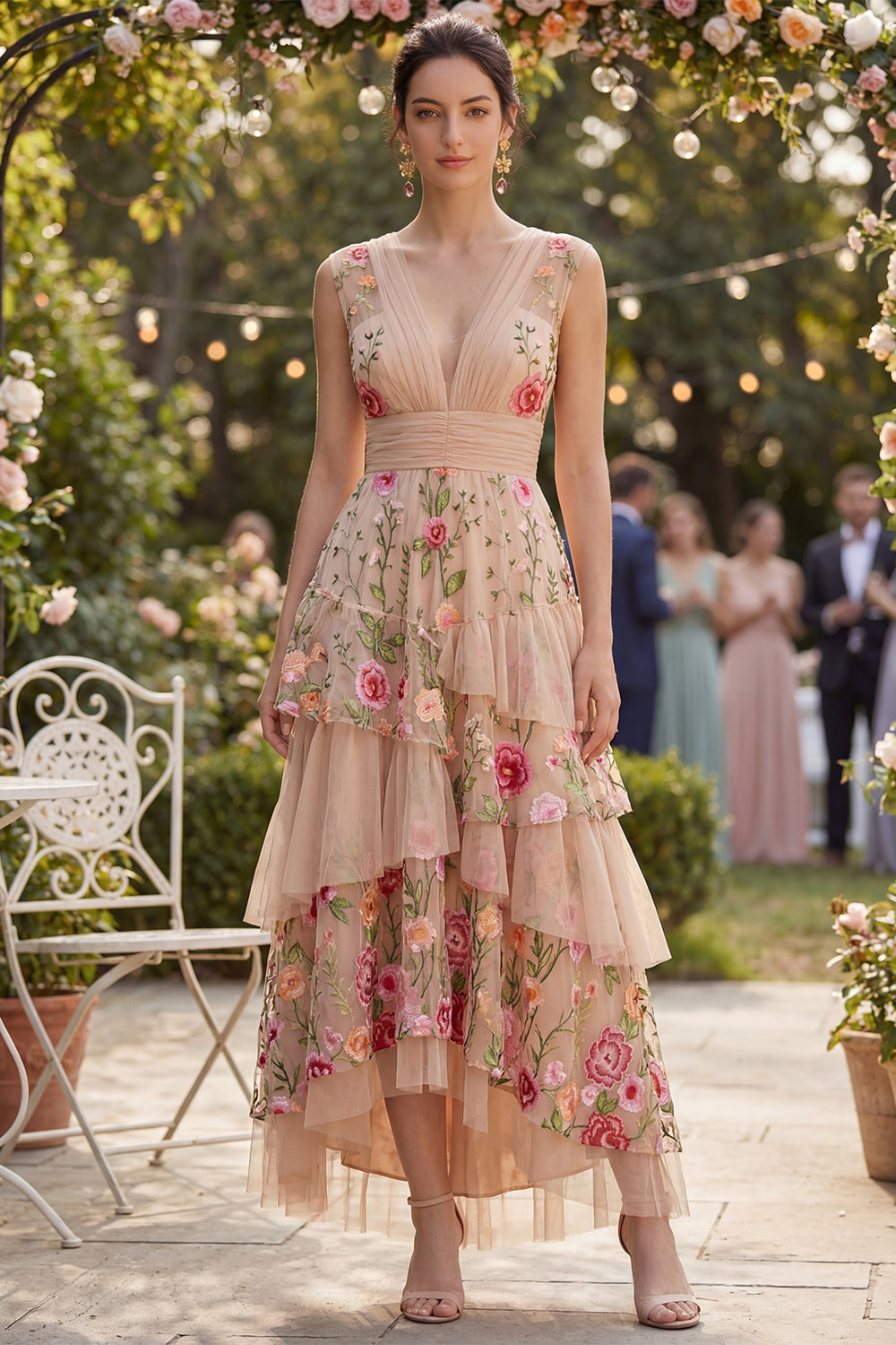 Tiered Blush Floral A Line High Low Wedding Guest Dress