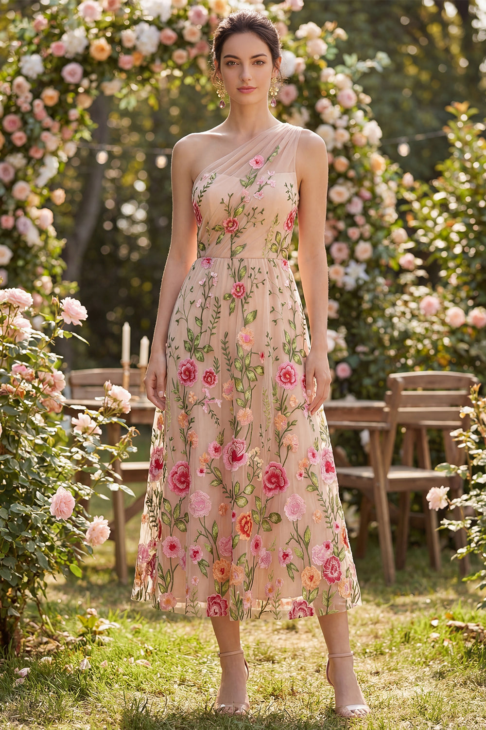 One Shoulder A Line Blush Floral Embroidered Wedding Guest Dress