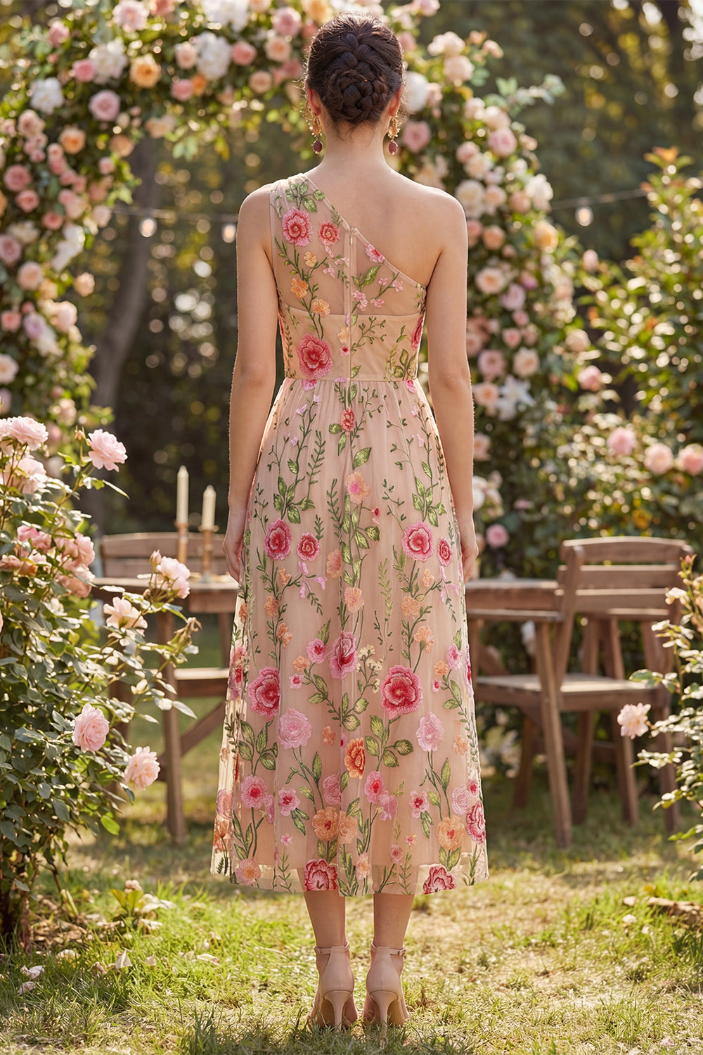 One Shoulder A Line Blush Floral Embroidered Wedding Guest Dress