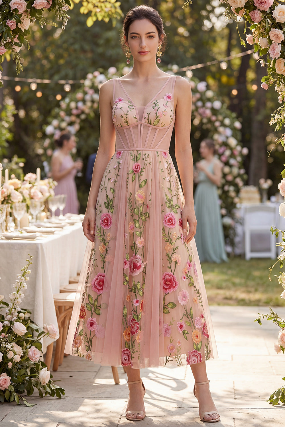 A Line Corset Blush Floral Embroidered Midi Wedding Guest Dress