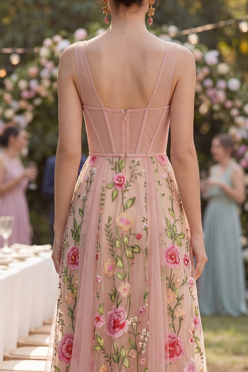 A Line Corset Blush Floral Embroidered Midi Wedding Guest Dress