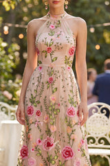 Floral Halter Blush Embroidered Maxi Wedding Guest Dress