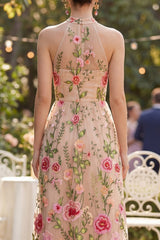 Floral Halter Blush Embroidered Maxi Wedding Guest Dress