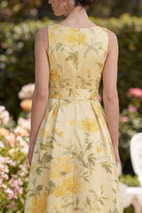 A Line Printed Yellow Bowed V Neck Wedding Guest Dress