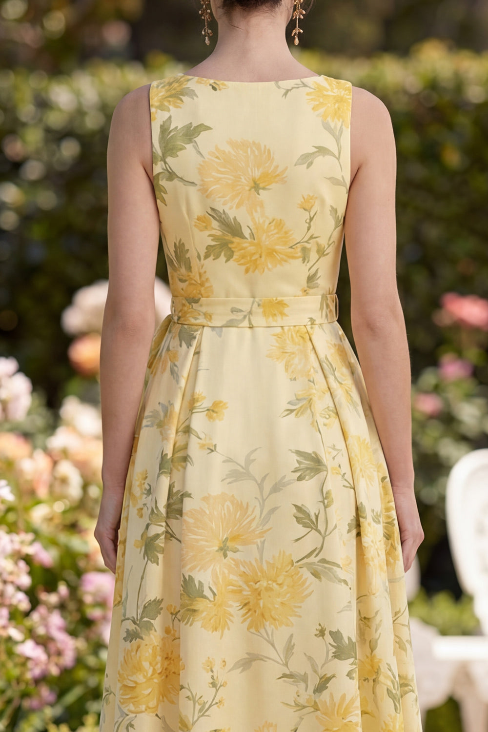 Yellow A Line Printed Bowed Wedding Guest Dress with Slit