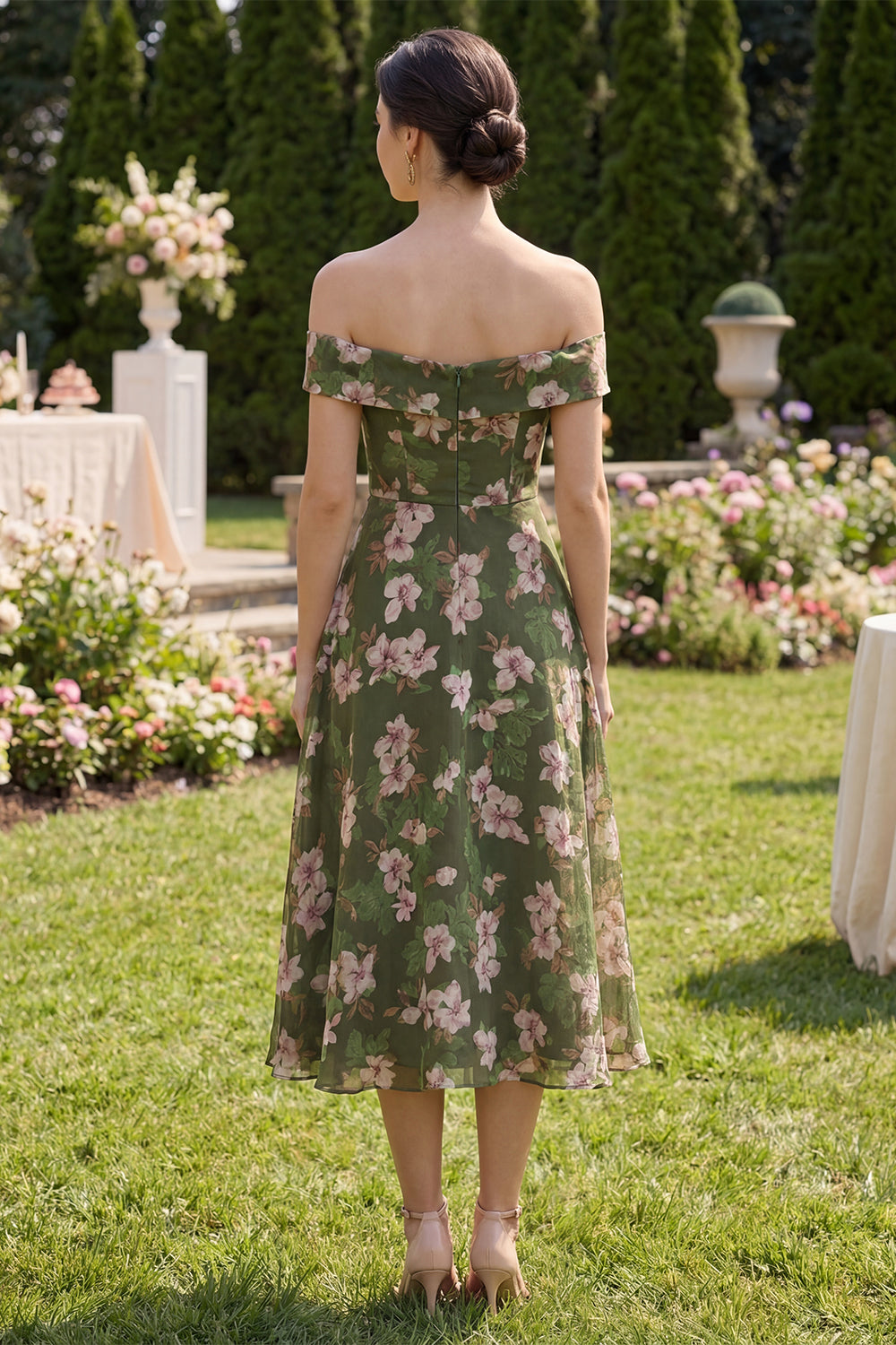 Dark Green Off the Shoulder A Line Printed Wedding Guest Dress