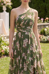 One Shoulder Dark Green A Line Printed Wedding Guest Dress with Slit