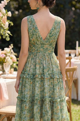 Pleated A Line Dusty Green Ruffled Wedding Guest Dress