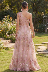One Shoulder Ruched A Line Floral Pink Appliqued Wedding Guest Dress