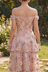 Off the Shoulder Pink A Line Floral Tiered Appliqued Wedding Guest Dress