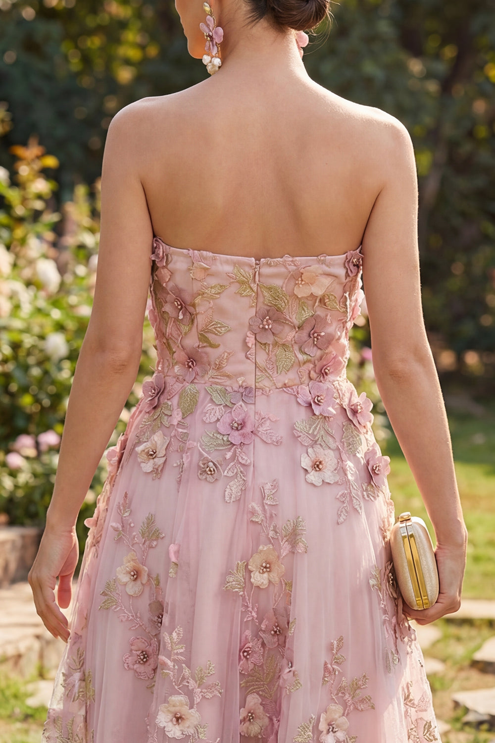 Strapless A Line Floral Pink Appliqued Wedding Guest Dress