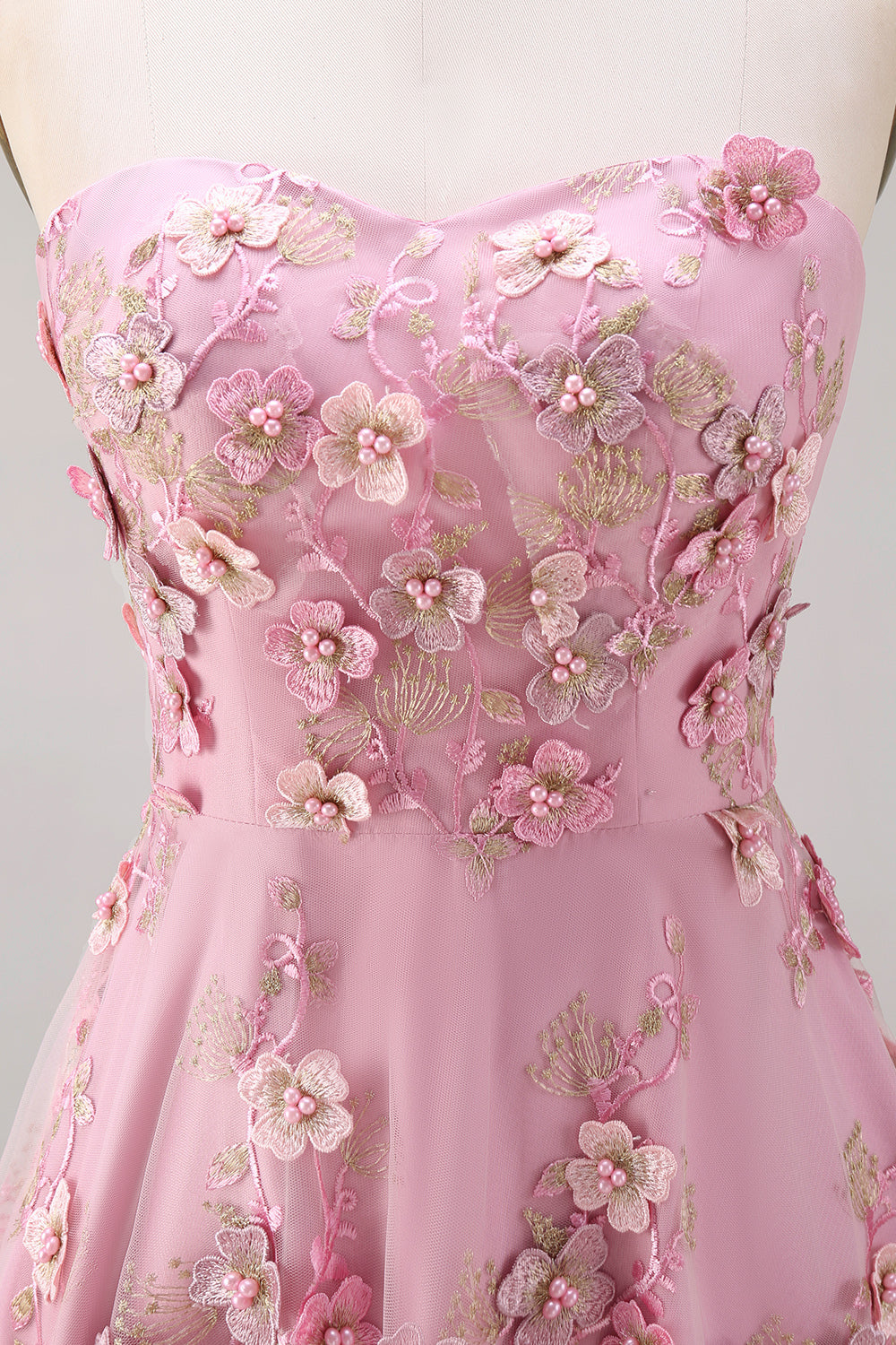Strapless A Line Floral Pink Appliqued Wedding Guest Dress