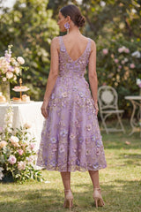 Floral A Line Lilac Sleeveless Appliqued Midi Wedding Guest Dress