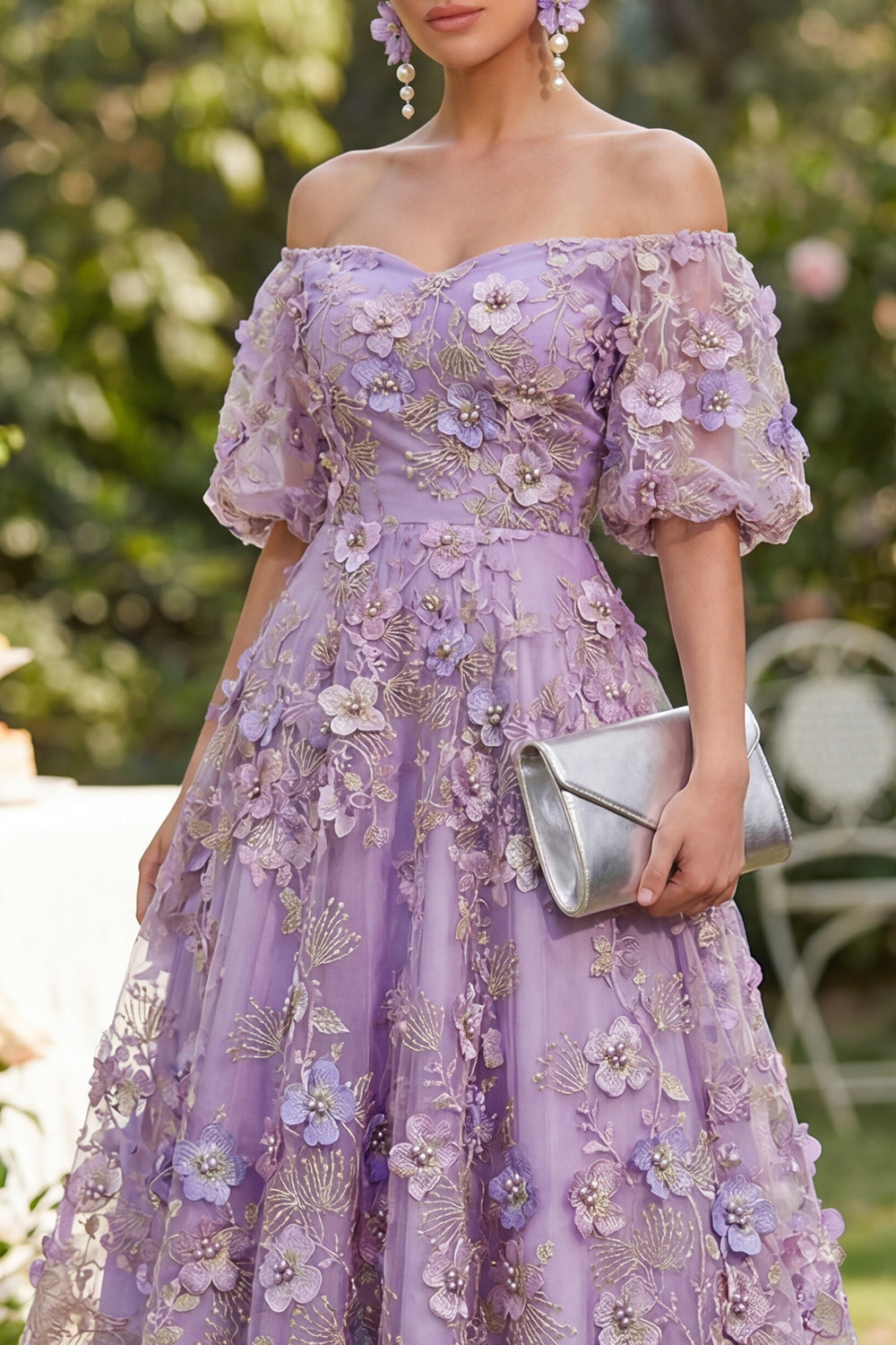 Off the Shoulder Floral A Line Blue Ruched Wedding Guest Dress