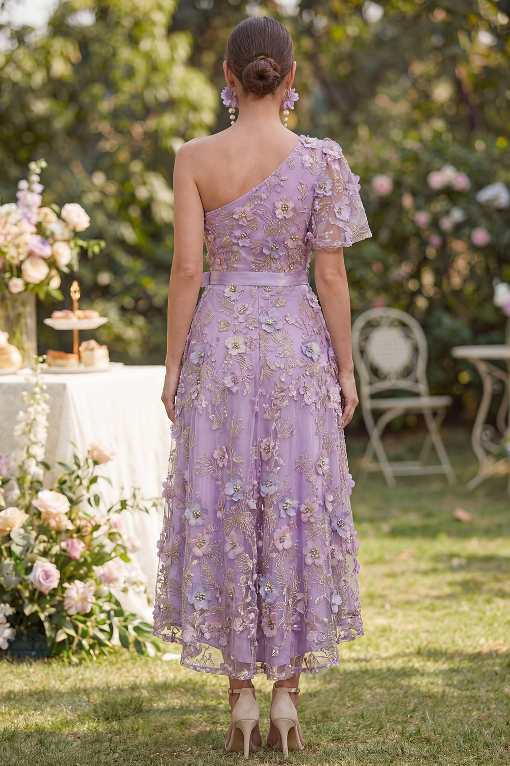 One Shoulder Floral Appliqued A Line Lilac Bowed Wedding Guest Dress