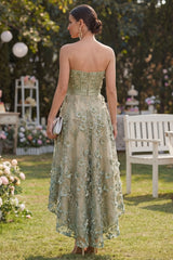 High Low Strapless Corset Dusty Green Floral A Line Wedding Guest Dress