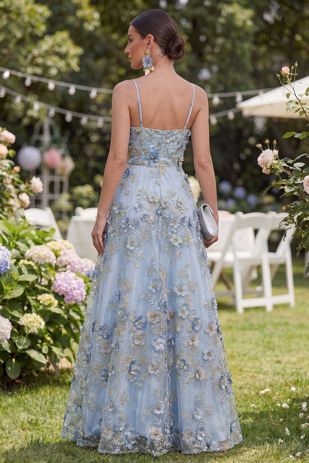 Blue Floral A Line Ruched Appliqued Maxi Wedding Guest Dress